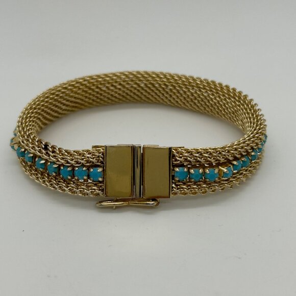 Vintage Gold-Tone Mesh Bracelet Faux Turquoise Stones Secure Clasp 1970s - Picture 4 of 16